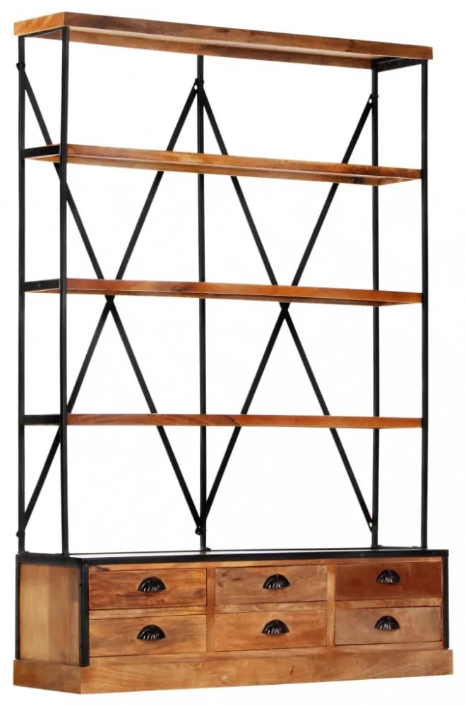 4-szintes tömör mangófa könyvespolc 6 fiókkal 122 x 36 x 181 cm