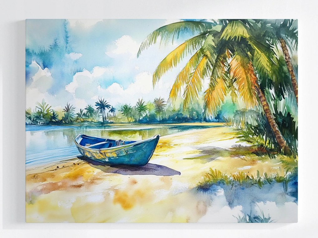 Vászonkép Canvas Trópusi Tengerpart Hajó Pálmafák Akvarell Tenger 80x60