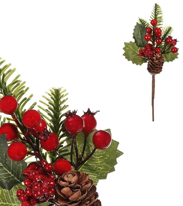 Ágak tobozokkal és bogyókkal, 3 db- os szett, piros, 24 cm