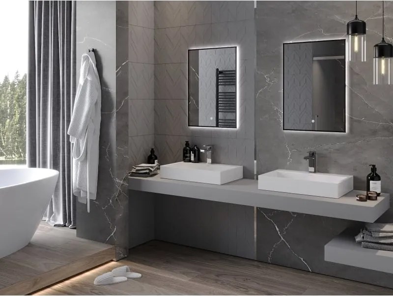 Mexen Erma 50 x 70 cm-es, LED 6000K világítású, páramentes fürdőszobai tükör, fekete keret - 9814-050-070-611-70
