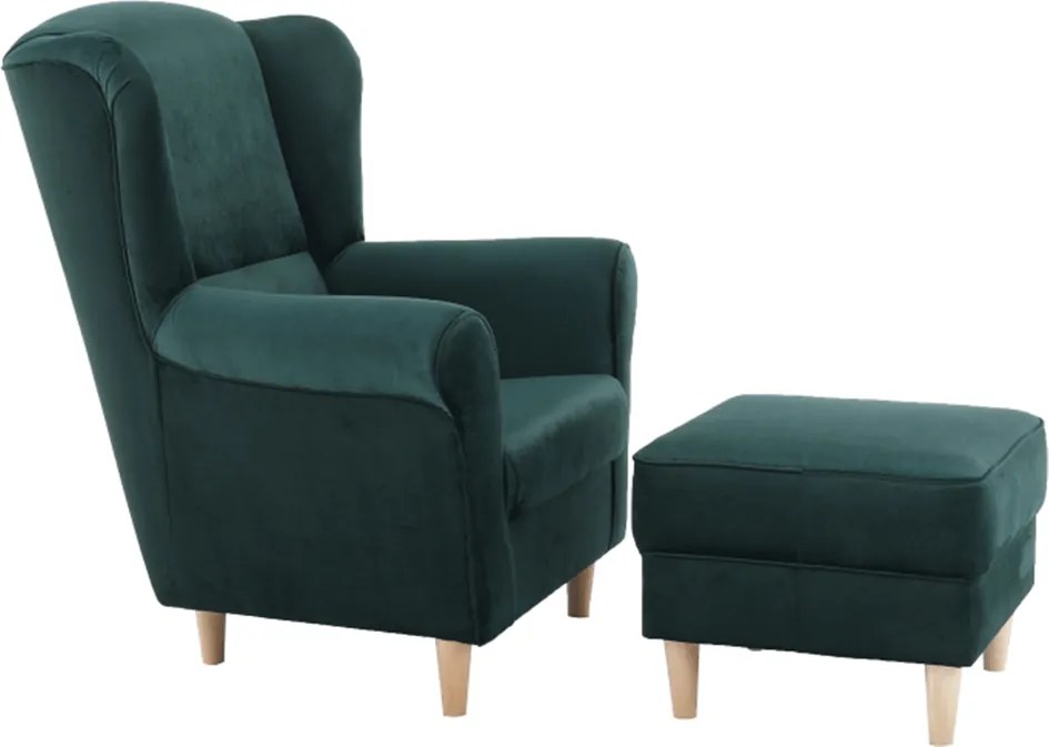 Füles fotel puffal, szövet smaragd, ASTRID