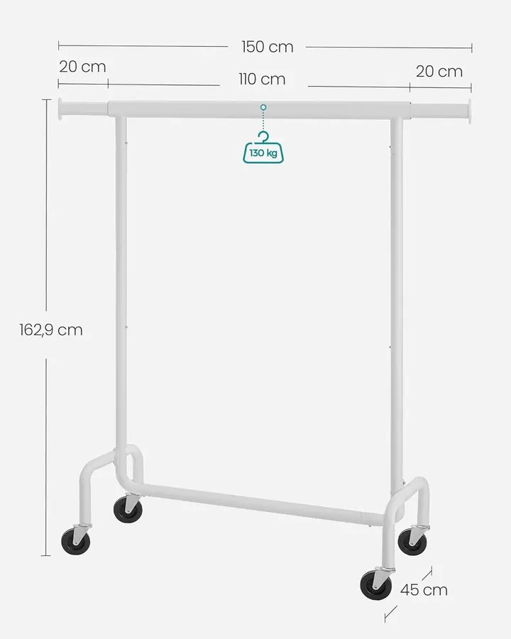 SONGMICS gurulós ruhatartó állvány, kihúzható ruharúd, max. 130 kg terhelhetőség, matt fehér
