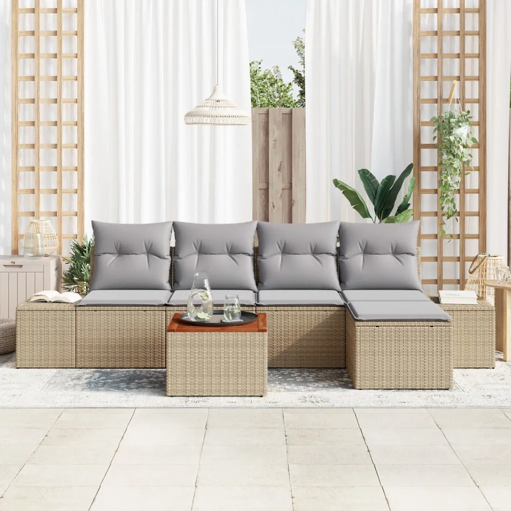 6 darabos Kerti Kanapészett Párnákkal Bézs Poli Rattan Acacia