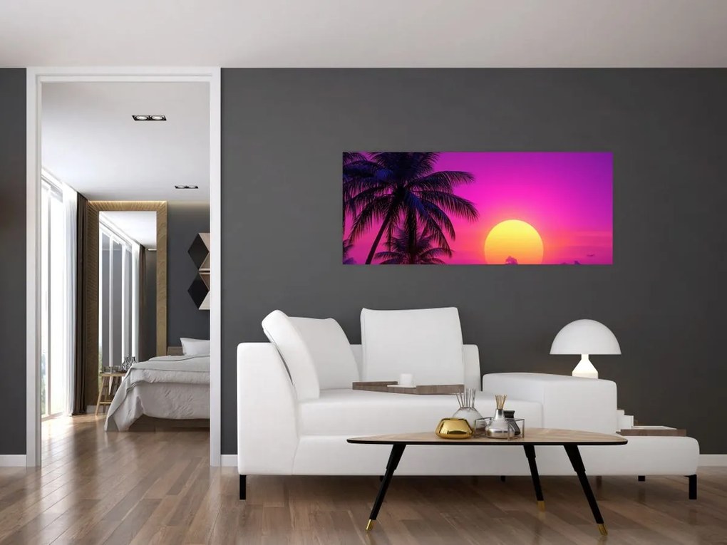 Kép - Lila naplemente pálmafával (120x50 cm)