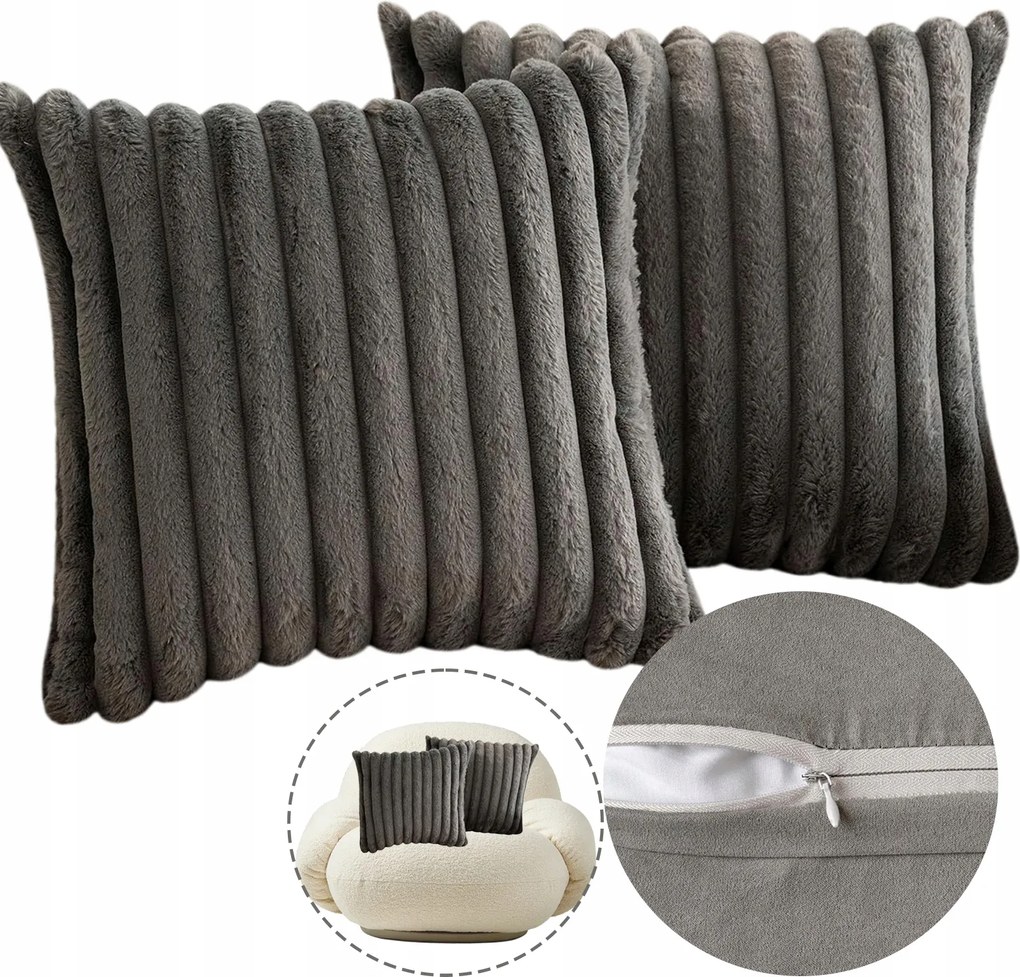 Párnahuzat bársony csíkos takaró puha, kényelmes, díszes, 2 db, szürke, 50x50