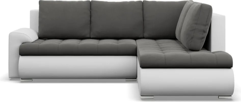 Tokio sarokkanapé, L alakú háttámlával, 2 ágyneműtartóval, bársony + műbőr, jobboldali, szürke - fehér
