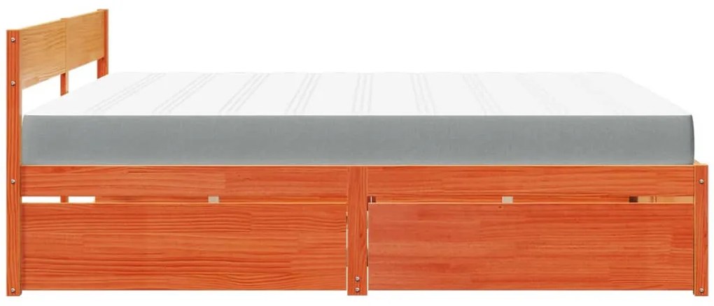 viaszbarna tömör fenyőfa ágy fiókokkal és matraccal 180x200 cm