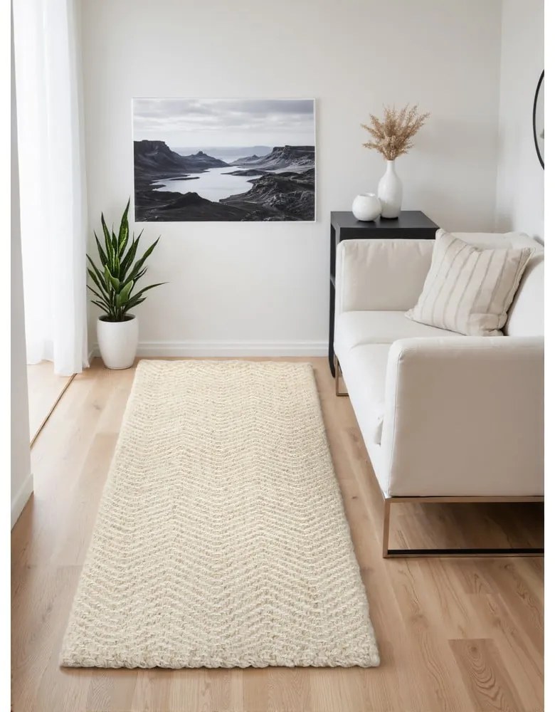 Krémszínű-elefántcsont színű kézi szövésű gyapjúkeverék futószőnyeg 80x200 cm Majoli – Elle Decoration