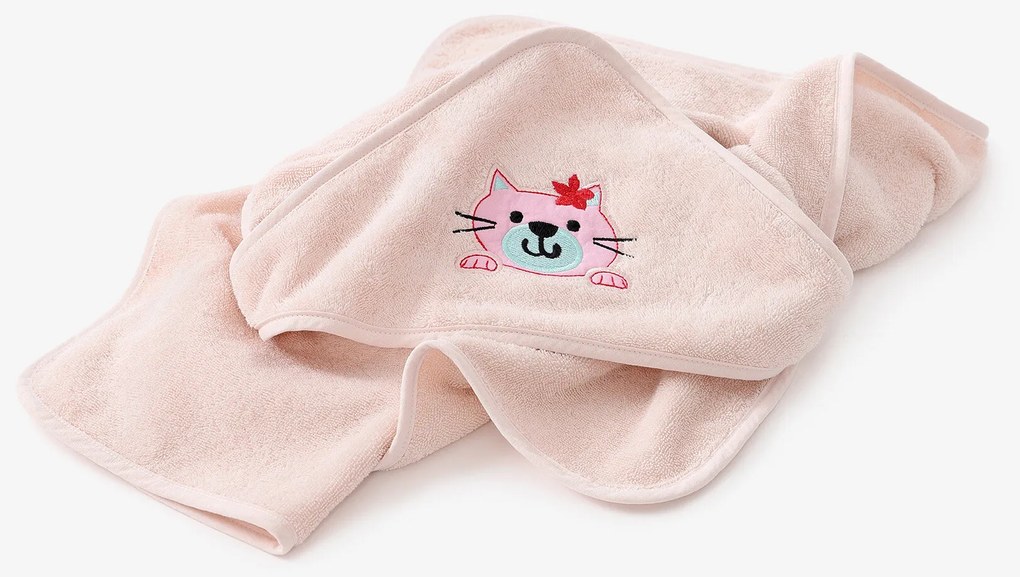 Goldea gyermek frottír fördőlepedő csuklyás - cicuka világos rózsaszínen 100 x 100 cm