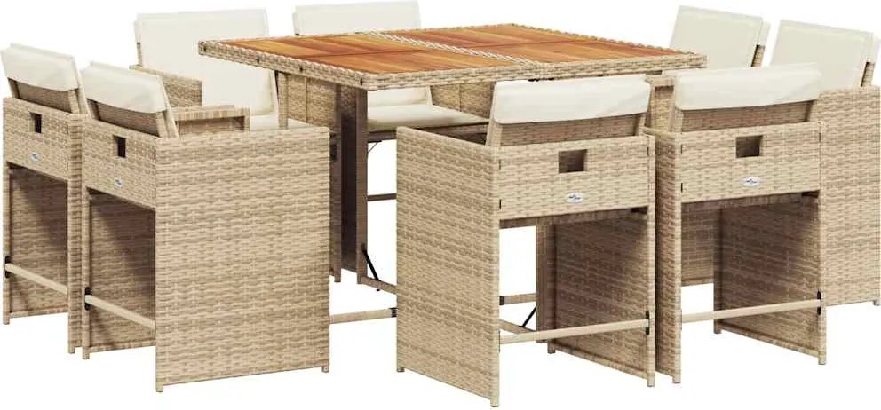 vidaXL 9 részes bézs polyrattan kerti étkezőgarnitúra párnákkal