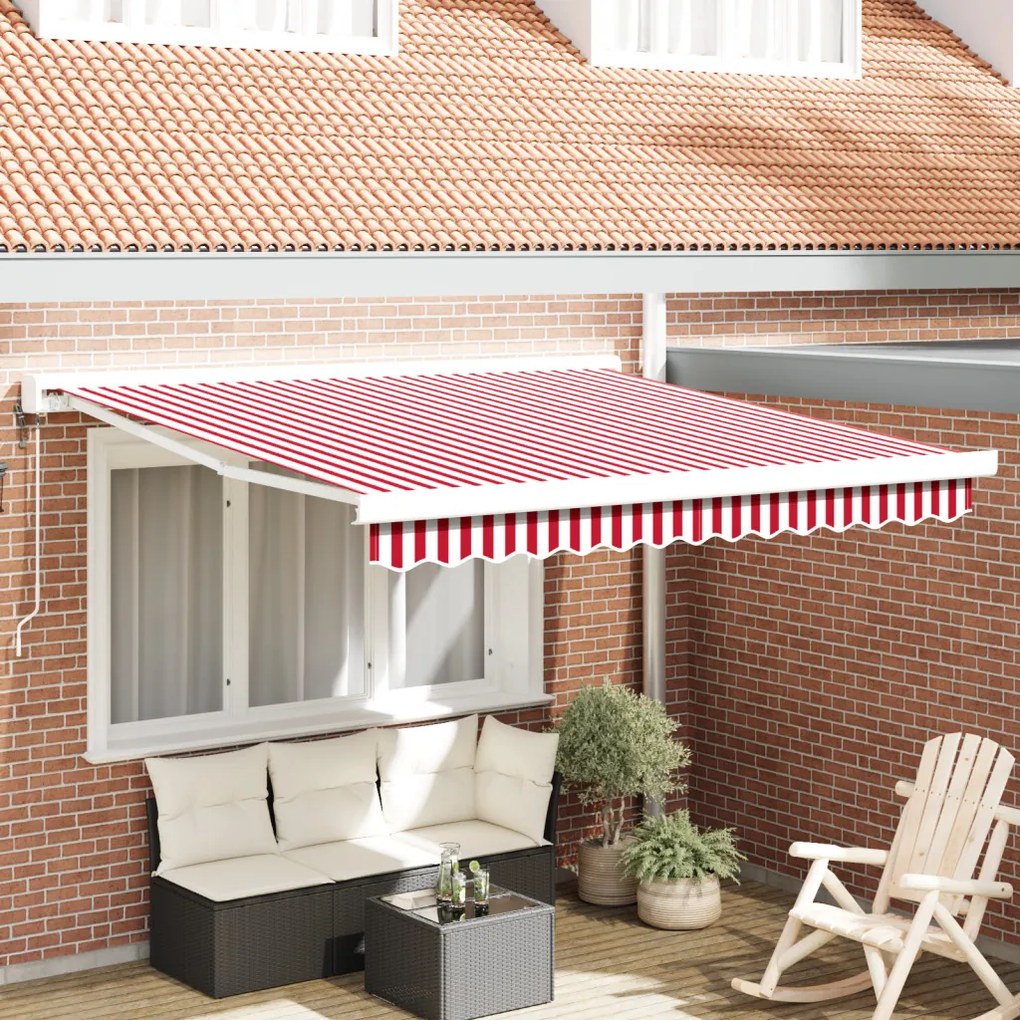 Automatikus Behúzható Napellenző Piros és Fehér Csíkkal 350x250 cm