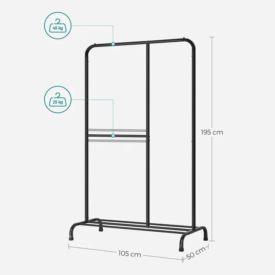 Ruhatartó, ruhaállvány állítható akasztórúddal, fekete