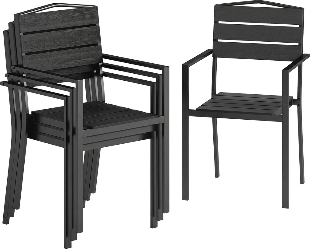 Outsunny kerti székek – 4 darab egymásra rakható teraszszék lécezett dizájnnal és kartámasszal, időjárásálló erkélyszékek (120 kg teherbírás), fekete,