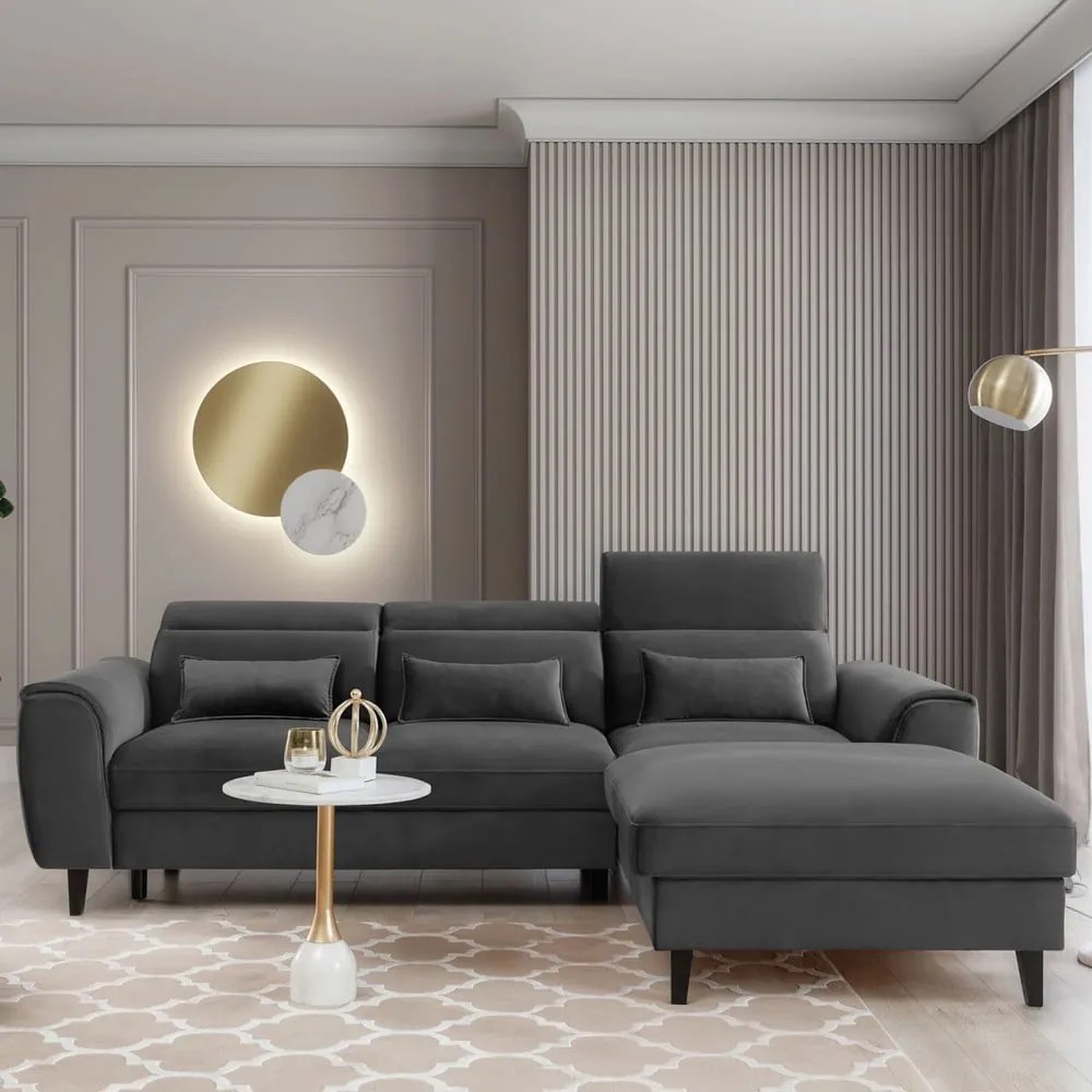 Sötétszürke bársony kinyitható-tárolóhelyes sarokkanapé (jobb oldali-heverő résszel) Foble – ELTAP