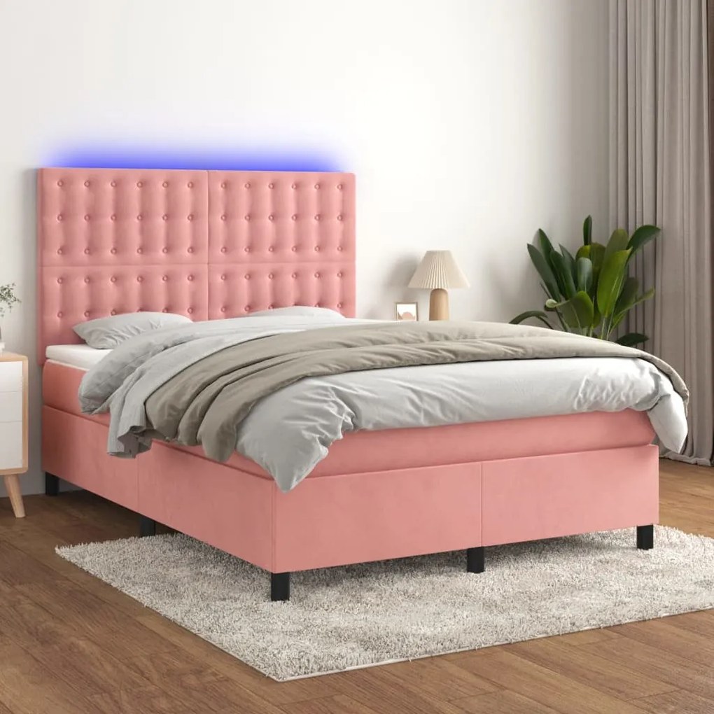 rózsaszín bársony rugós és LED-es ágy matraccal 140x190 cm