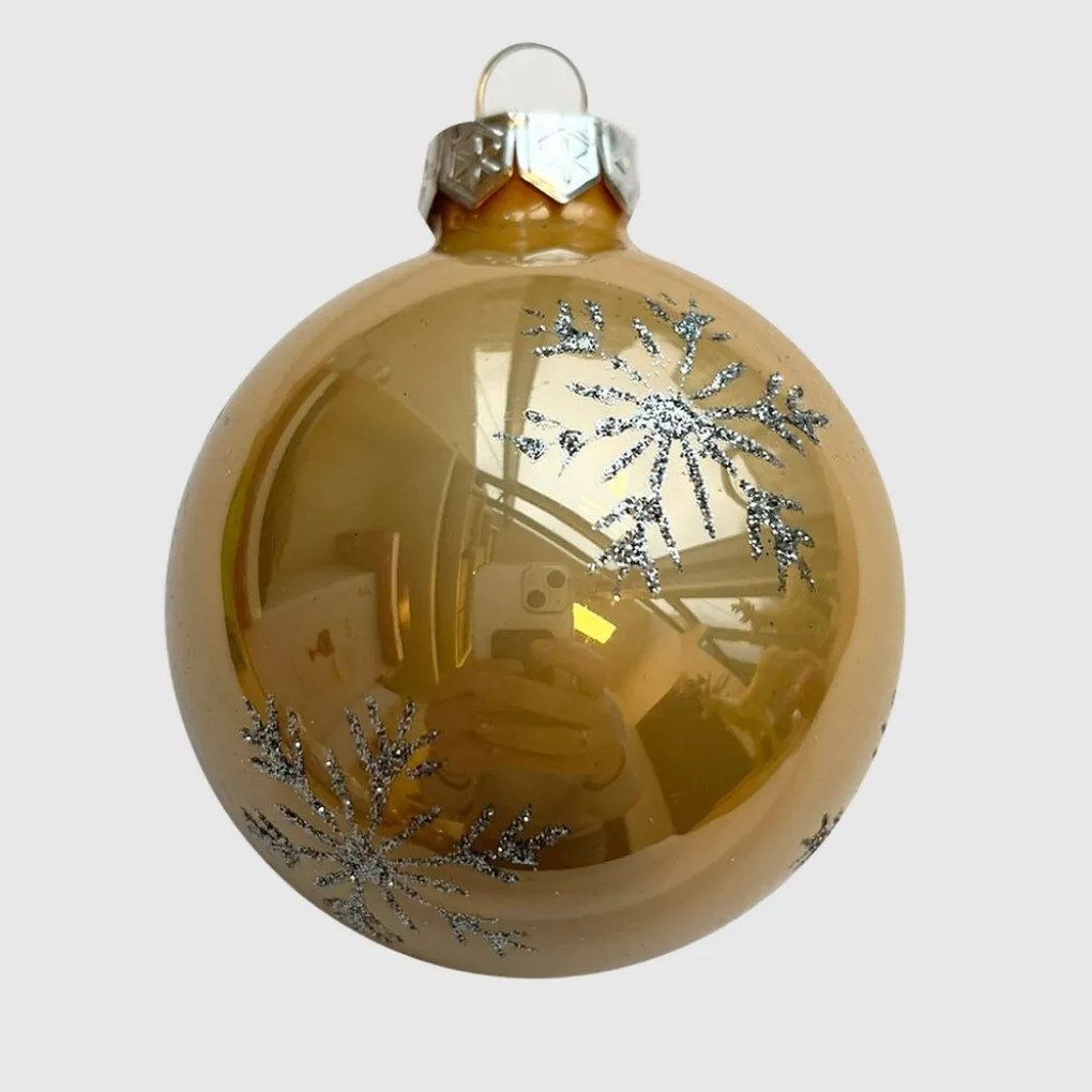 Gold snowflake pezsgőszínű kézzel festett üveg karácsonyi gömb szett 6*7cm