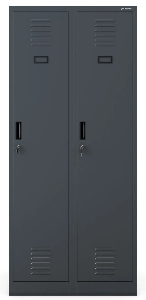 Pléh öltözőszekrény talpazaton, kétmodulos, polccal és köztes fallal KACPER, 800 x 1800 x 500 mm, antracit