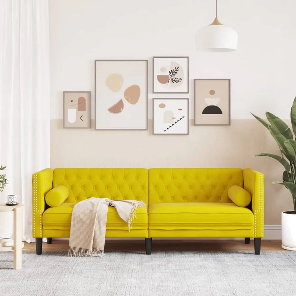 3 személyes sárga bársony Chesterfield kanapé hengerpárnákkal