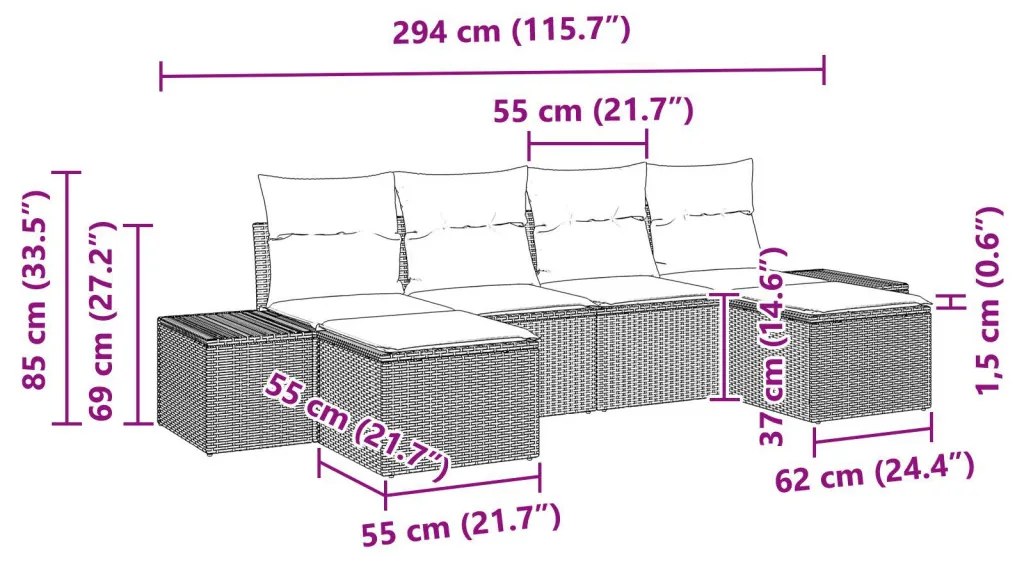 6 Részes Kert Kanapé Készlet Párnákkal Bézs Poli Rattan Akác