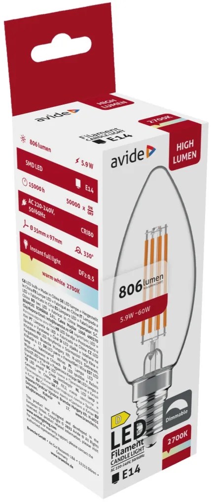 Avide LED Filament Candle 5.9W E14 WW 2700K Fényerőszabályozható