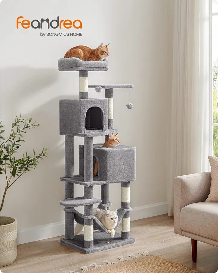 Feandrea macskakaparó torony, 155 cm magas játéktorony 5 kaparóoszloppal szürke színben