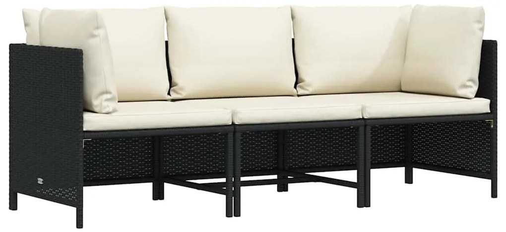 vidaXL 3 személyes fekete polyrattan kerti kanapé párnákkal