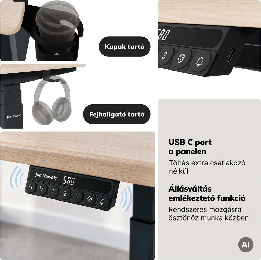 Elektromos íróasztal magasságállítással ergonomikus antracit/sonoma tölgy,1600x800 mm: ARIA