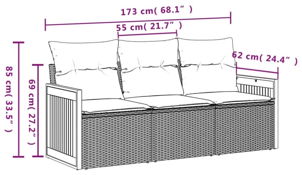 3 részes fekete polyrattan kerti ülőgarnitúra párnával