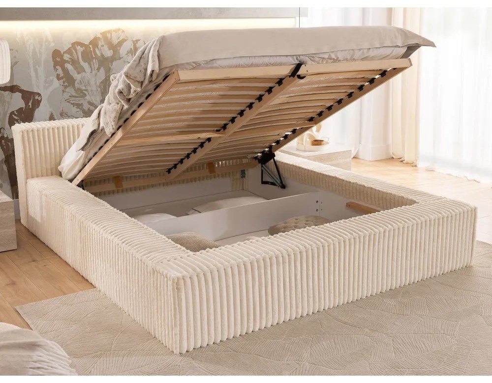 Bézs kárpitozott ágyneműtartós franciaágy ágyráccsal 160x200 cm Cloe – Ropez