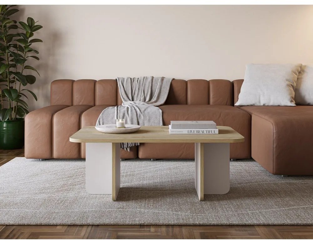 Krémszínű-natúr színű dohányzóasztal tölgyfa dekoros asztallappal 56x100 cm Hillary – Marckeric