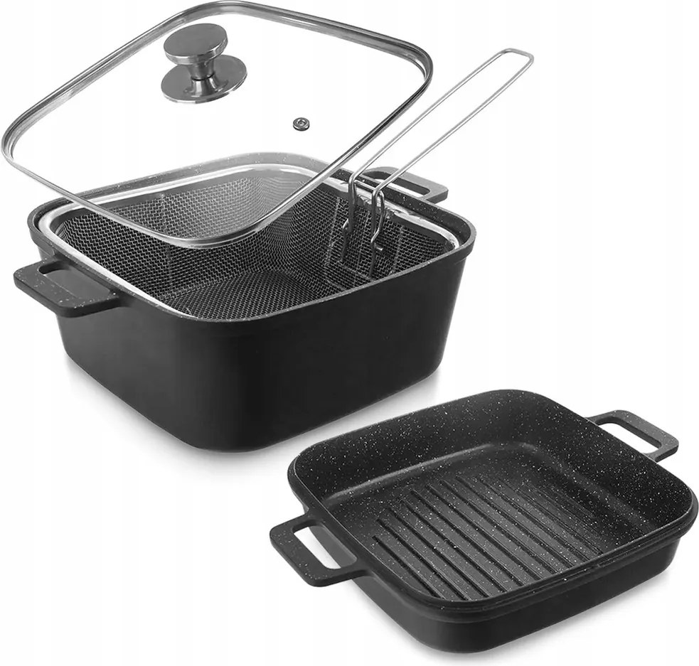 Gránit Fazék Grill Serpenyő Fedővel Kosár Szett 4 Db-os