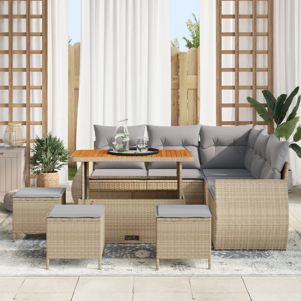 9 Darabos Kerti Kanapészett Párnákkal Bézs Poly Rattan Akácia