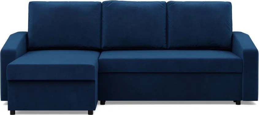 Zeus sarokkanapé, 2 ágyneműtartóval, döntött kartámasz, bársony, univerzális oldal, bonell töltet, kék