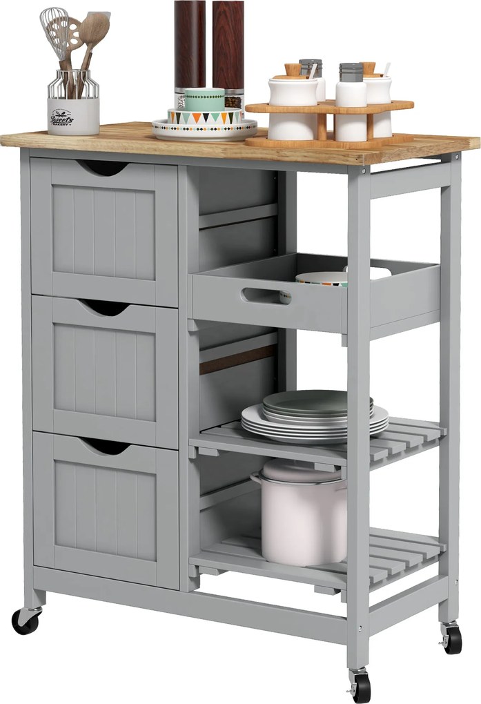 HOMCOM Konyhai Kocsi Kerekekkel Fából készült Felülettel, 3 Fiókos, 2 Nyitott Polcos, Eltávolítható Tálcás a Nappaliba, Étkezőbe - 67x37x85.5 cm | Aos