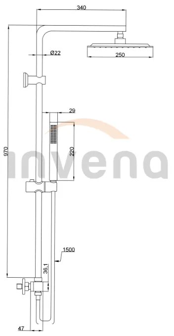 Invena Svart, Trend termosztatikus zuhanycsaptelep zuhanygarnitúrával Svart 25x25 cm, fekete matt, INV-AU-85-004-X