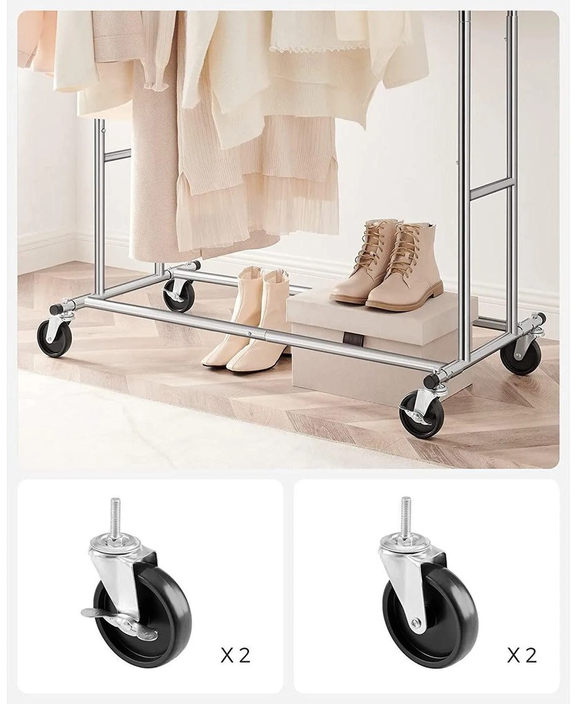 Gurulós ruhaállvány 110kg teherbírással, króm 129-169 cm között állítható