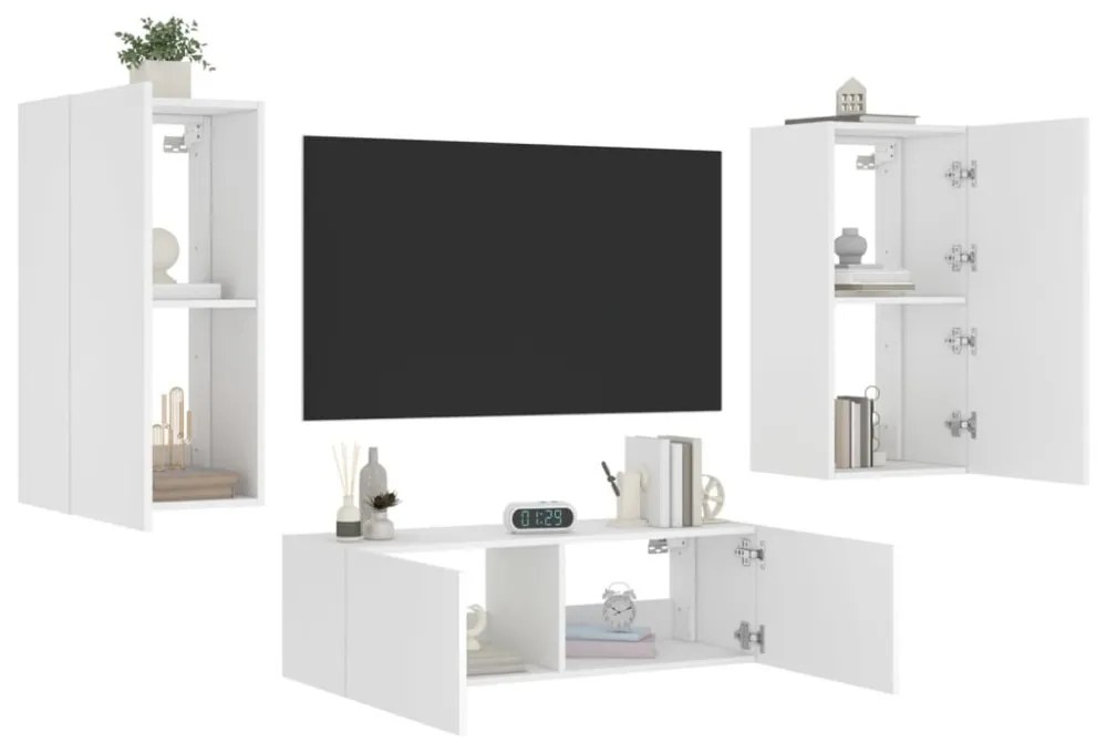 3 darab fehér falra szerelhető TV-szekrény LED-del
