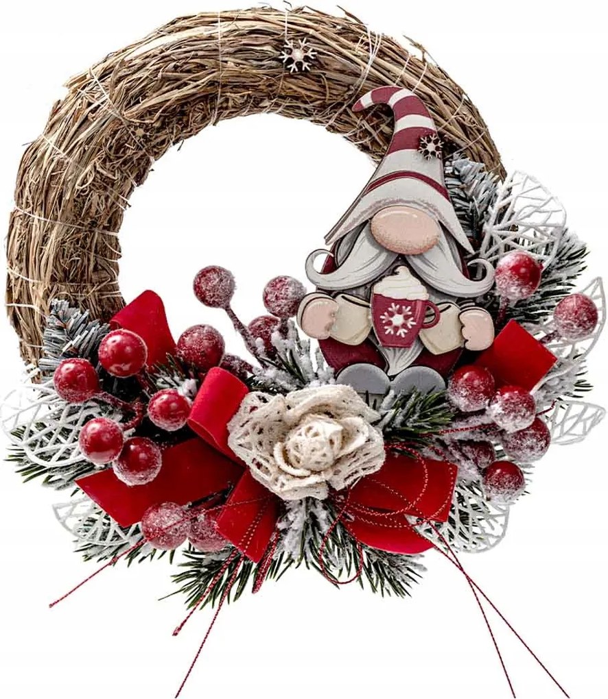 Karácsonyi koszorú Karácsonyi Dísz Piros, szalma díszítéssel