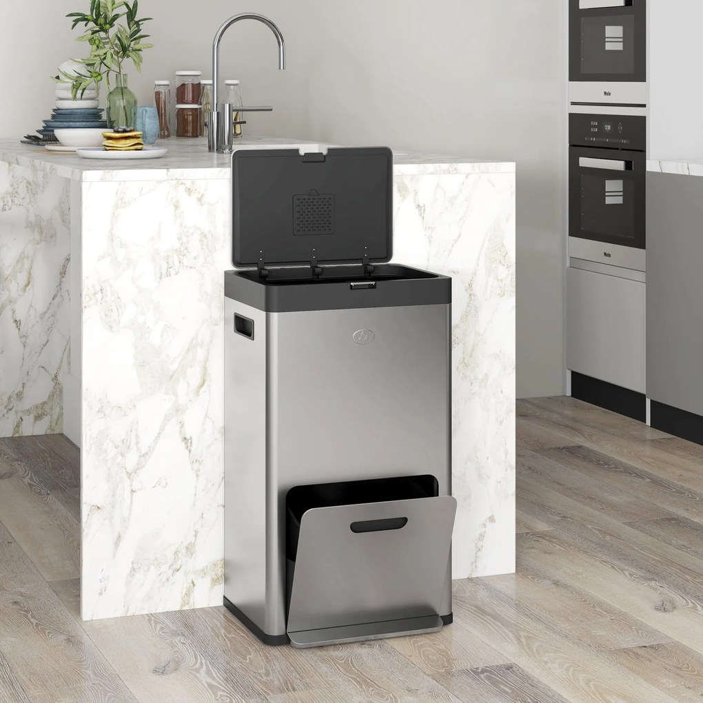 HOMCOM 56L Konyhai Szelektív Kukás, Kerekekkel, 3 Rekesszel, Lágyan Záródó Fedéllel, Széles Pedállal, Ujjlenyomat- és Szagálló Ezüst | Aosom