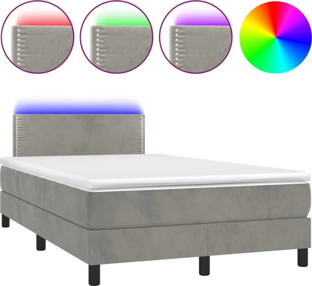 vidaXL világosszürke bársony rugós és LED-es ágy matraccal 120x200 cm
