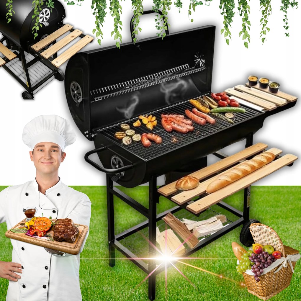 Premium Szén Grill Kertre, Turisztikai Használatra, Krómozott Ráccsal, Kerekekkel, Polcokkal, Bbq