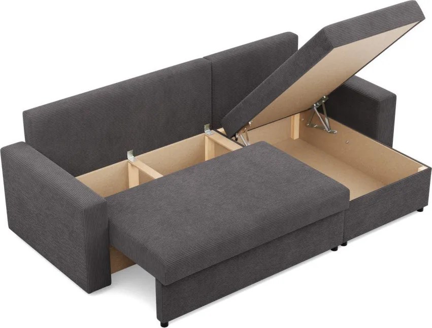 Zeus sarokkanapé, 2 ágyneműtartóval, egyenes kartámasz, kordbársony, univerzális oldal, bonell töltet, szürke