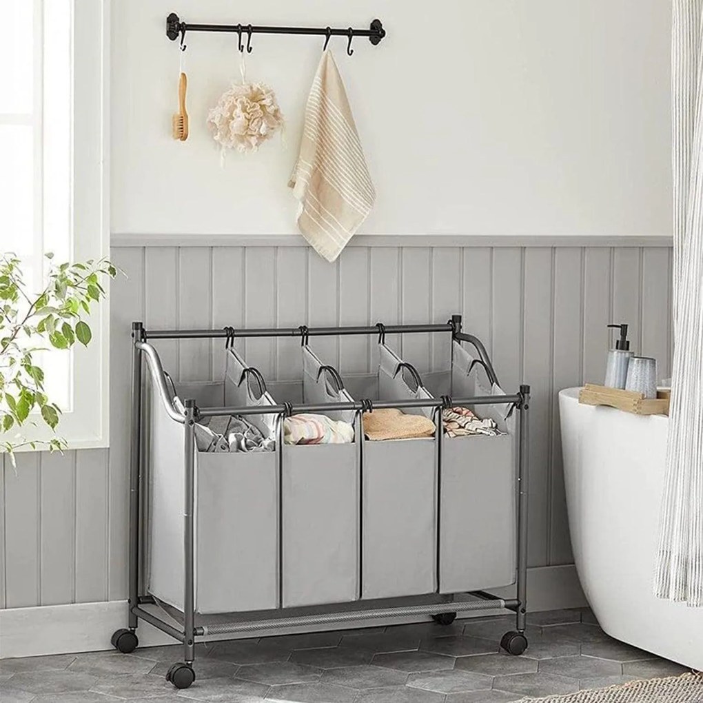 Szennyeskosár görgőkkel 4 x 35l, 4 kivehető táskával, szürke