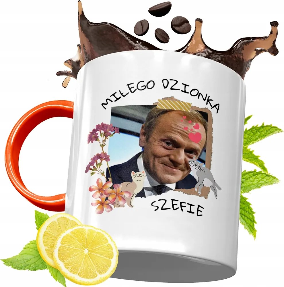 Donald Tusk Narancssárga Bögre Ajándék, fényképes nyomattal