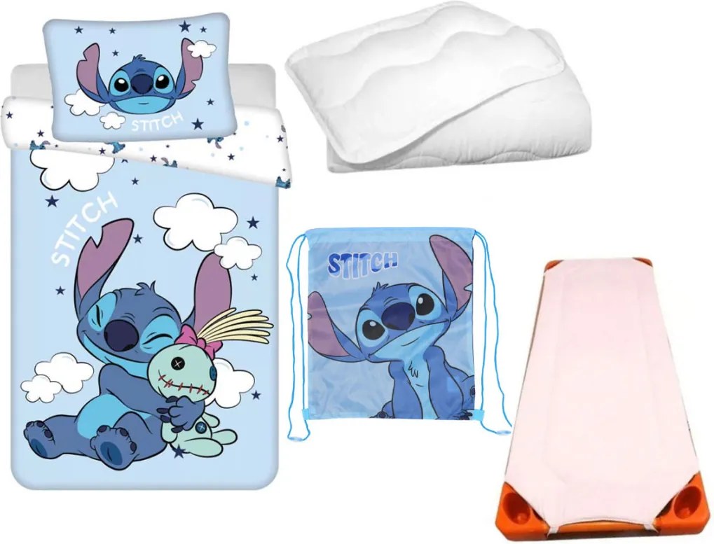 Disney Lilo és Stitch, A csillagkutya Clouds Alien gyerek, ovis ágyneműhuzat, derékalj, tornazsák és paplan/párna szett 100x135 cm 40x60 cm