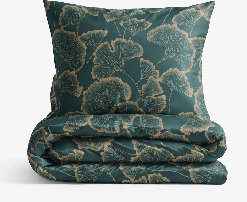 Goldea pamutszatén ágyneműhuzat - ginkgo levelek sötétzöld alapon 140 x 220 és 70 x 90 cm