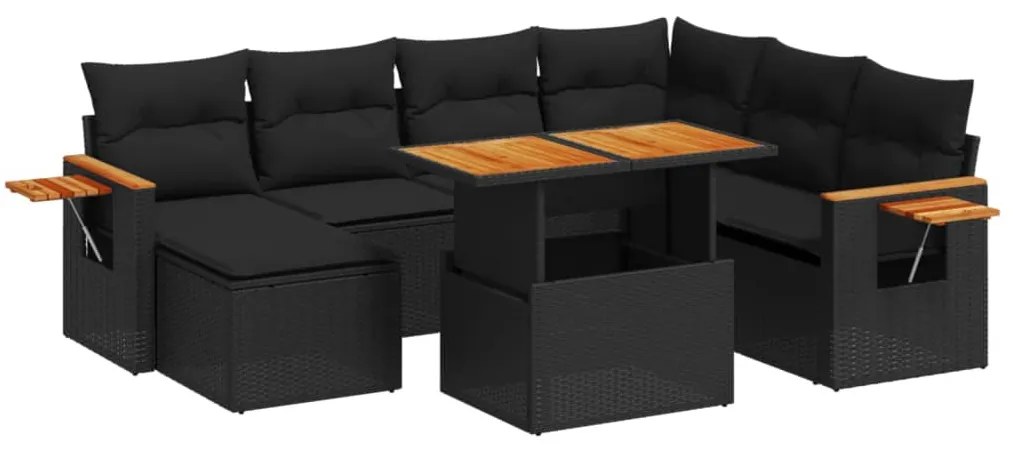 8 részes fekete polyrattan kerti ülőgarnitúra párnákkal