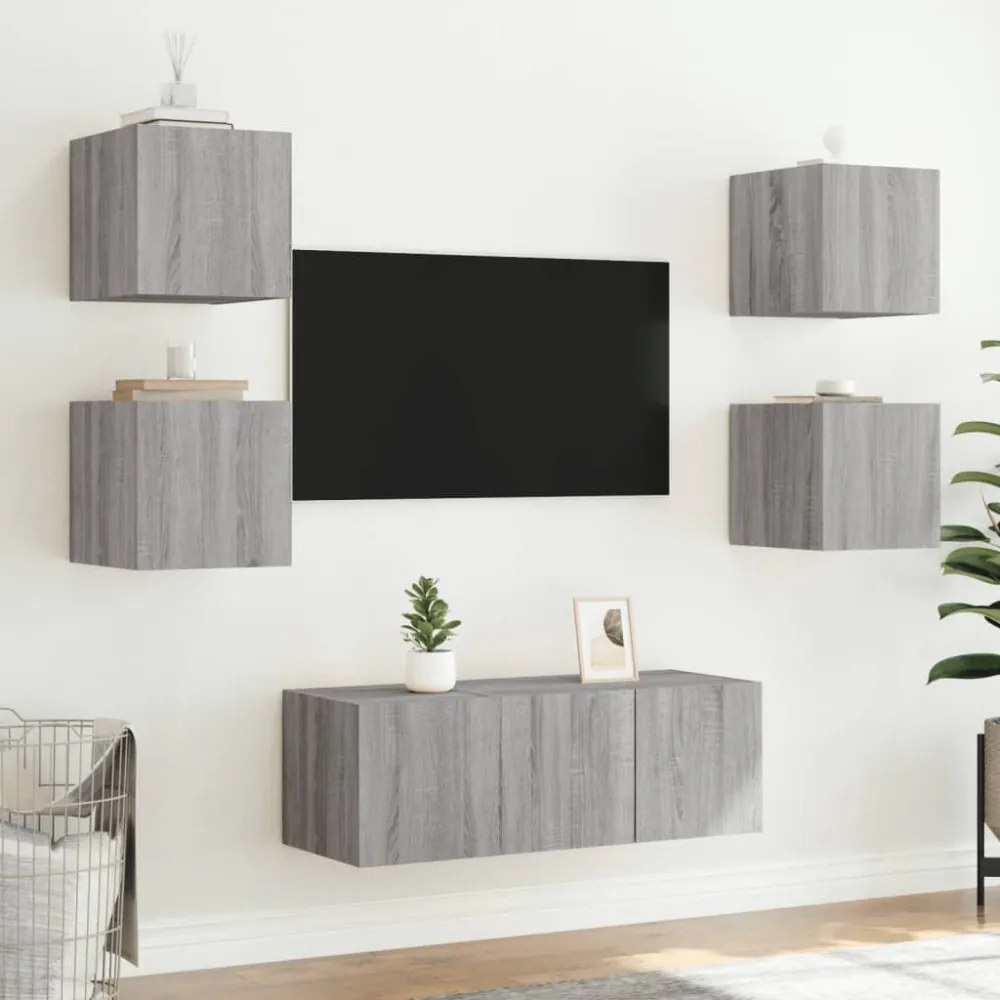 2 db szürke sonoma fali TV-szekrény LED-ekkel 30,5x35x30 cm