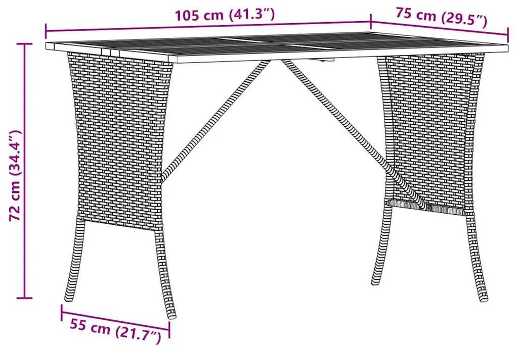szürke polyrattan akácfa lapos kerti asztal 105x75x72 cm