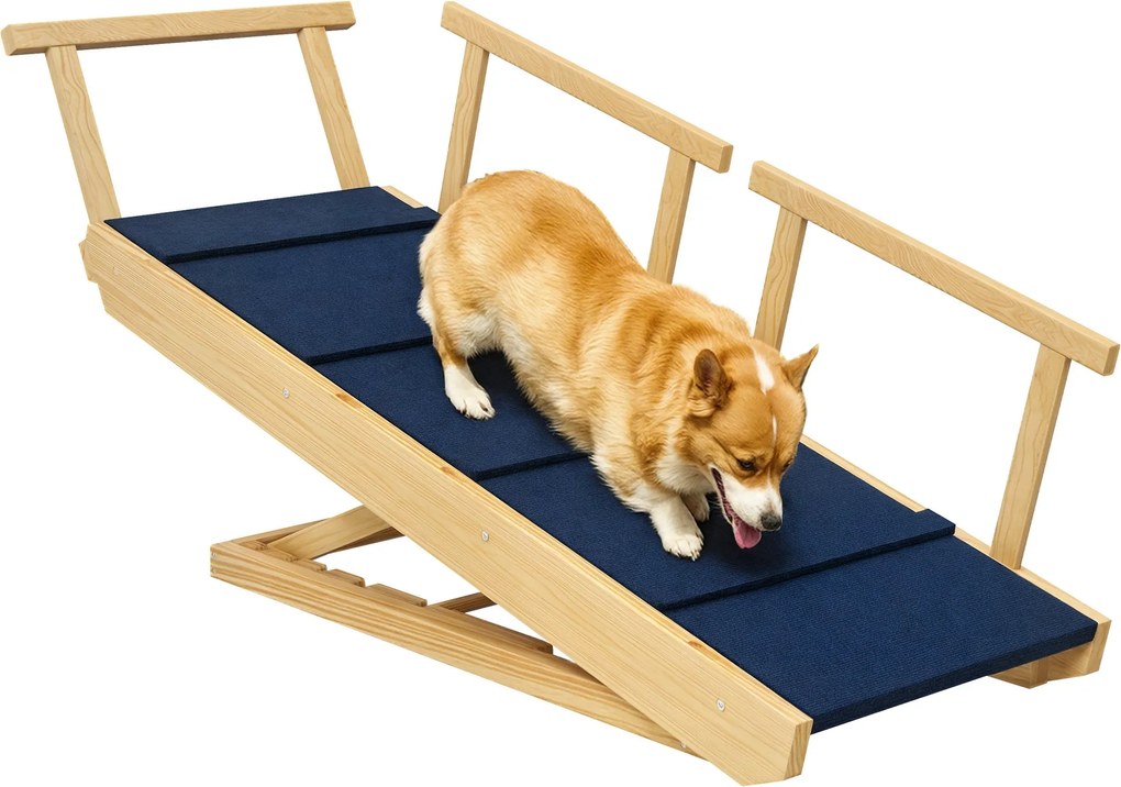 PawHut Összecsukható Kutyalépcső Eltávolítható Korláttal, Csúszásmentes Kutyamászó Segédeszköz 40 kg-ig, 85 x 40 x 78,5 cm, Természetes | Aosom